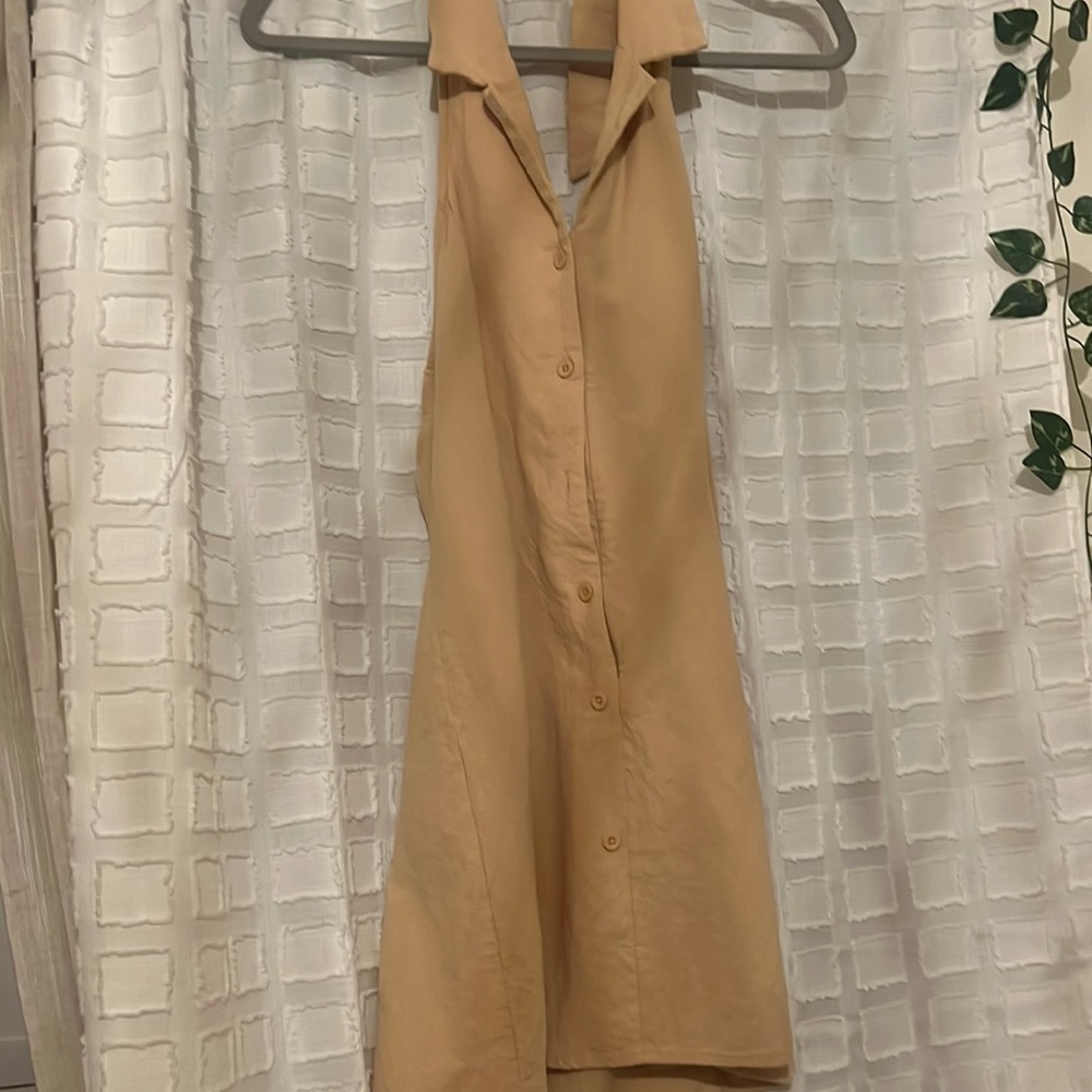 tan halter overall dress
